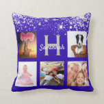 Royal blue silver glitter photo collage name cushion<br><div class="desc">A unique gift for a birthday, Christmas, mother's day, celebrating her life with a collage of 5 of your own photos, pictures. Personalise and add her name and monogram letter. A trendy royal blue background. Decorated with faux silver glitter dust. Grey and white letters. The name is written with a...</div>