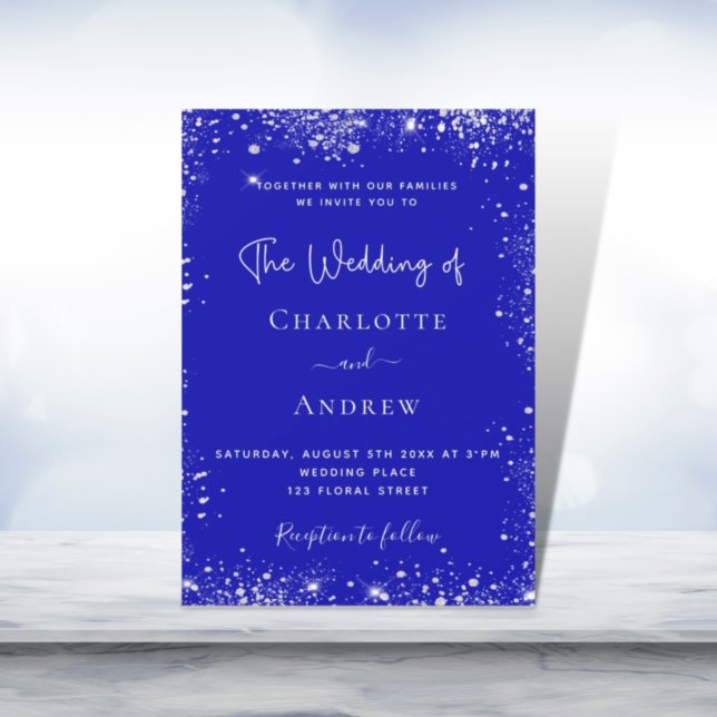 Royal blue silver glitter sparkles wedding invitation (Creator Uploaded)