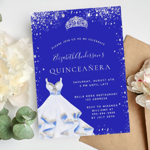 Royal blue silver glitter tiara dress Quinceanera Invitation