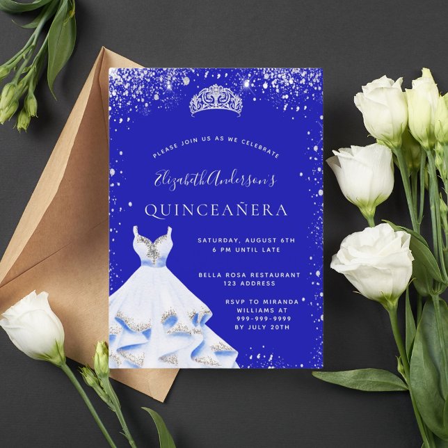 Royal blue silver glitter tiara dress Quinceanera Invitation (Creator Uploaded)