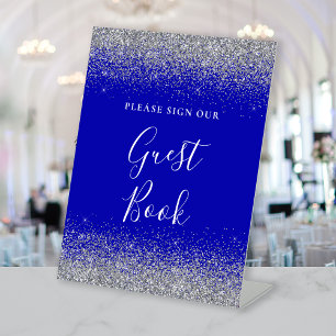 Royal Blue Silver Glitter Wedding Guest Book Pedestal Sign