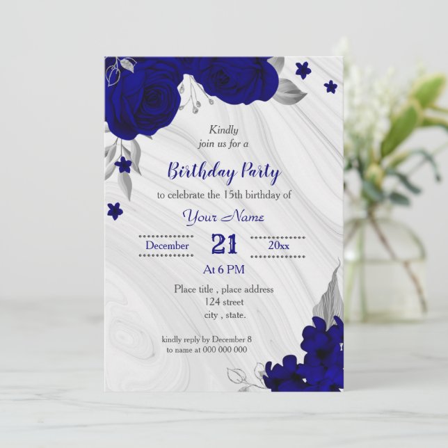 royal blue silver grey birthday party invitation (Standing Front)