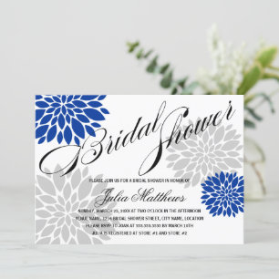 Royal Blue Silver-Grey Floral Burst Bridal Shower Invitation