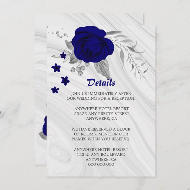 royal blue silver grey floral marble details enclosure card (Front/Back)