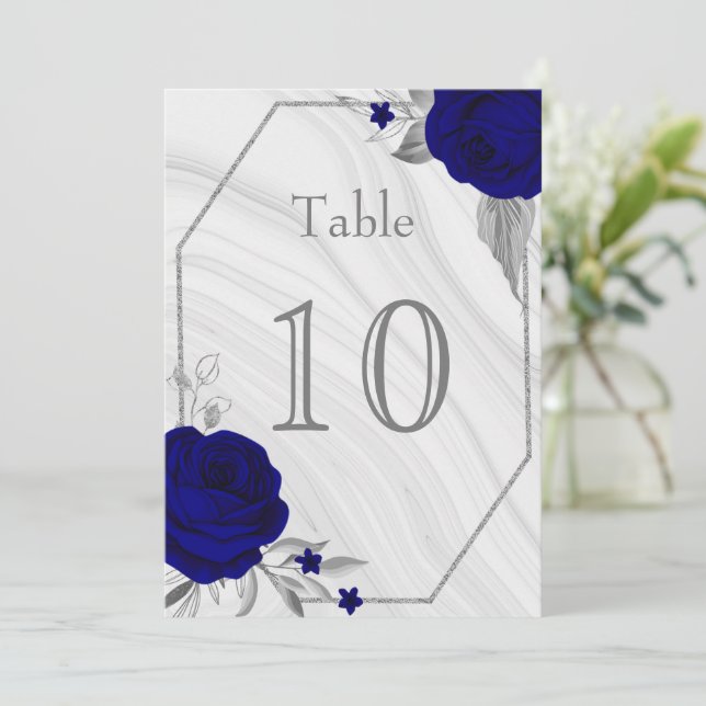 royal blue silver grey floral marble table number (Standing Front)