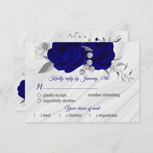 royal blue silver grey floral meal choice RSVP card (Front/Back)