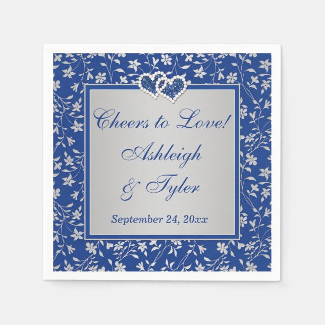 Royal Blue, Silver Grey Floral Paper Wedding Napkin (Front)