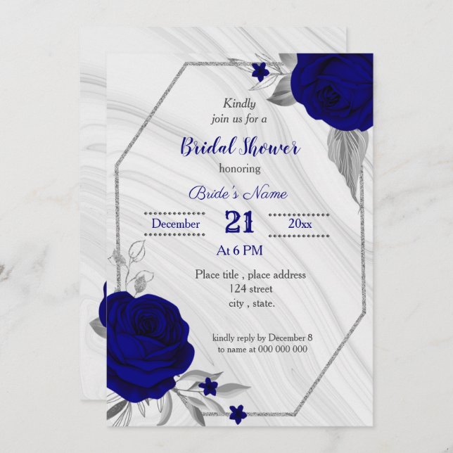 royal blue silver grey geometric bridal shower inv invitation (Front/Back)
