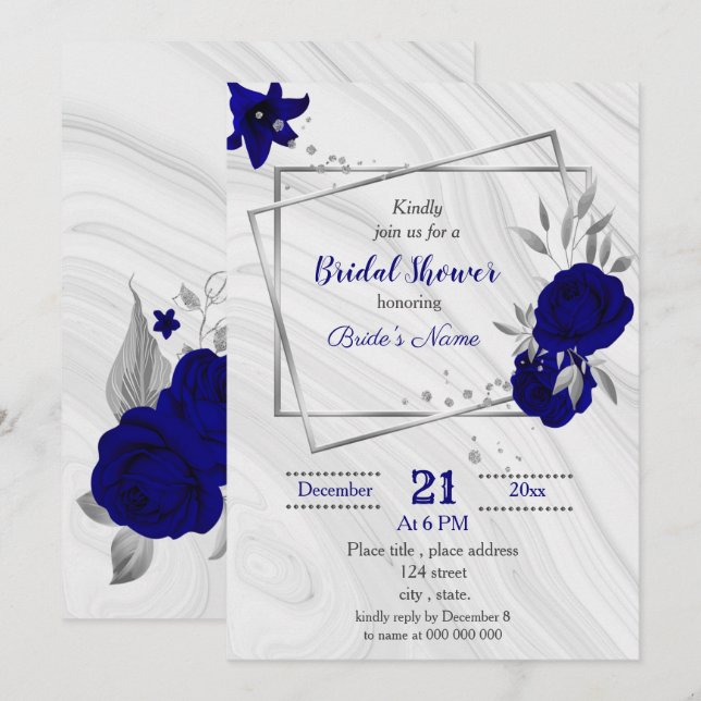 royal blue silver grey geometric bridal shower invitation (Front/Back)