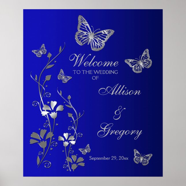 Royal Blue, Silver Grey Wedding Welcome Poster (Front)