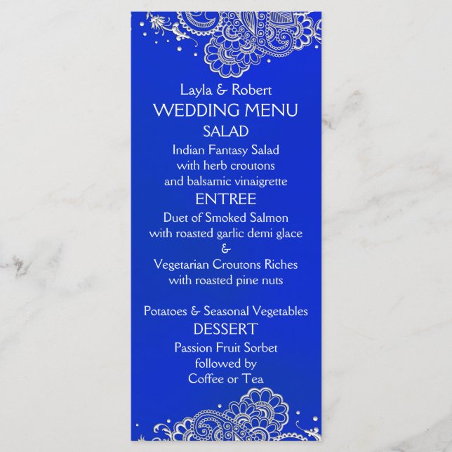 Royal Blue Silver Indian Wedding Menu Card (Front)