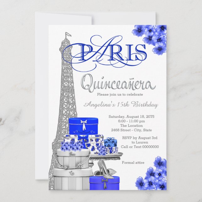 Royal Blue Silver Paris Quinceanera Invitations (Front)