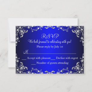 Royal Blue Silver Pearl Damask Sweet 16 RSVP Card