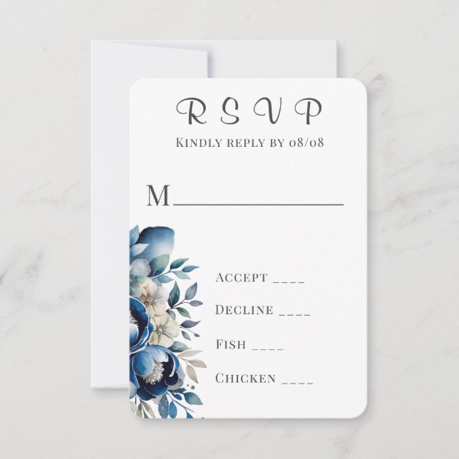 Royal Blue & Silver Peony Wedding RSVP Cards (Front)