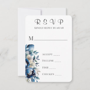 Royal Blue & Silver Peony Wedding RSVP Cards