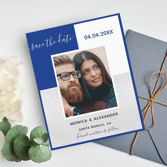 Royal blue silver photo wedding Save the Date (Creator Uploaded)