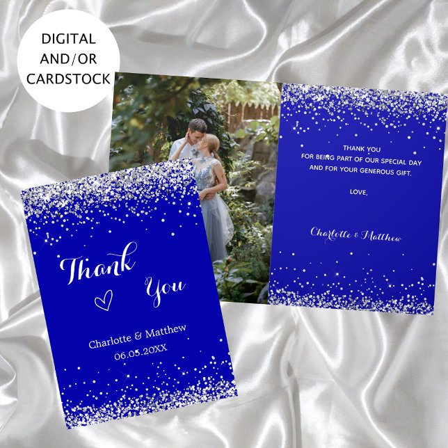 Royal blue silver photo wedding thank you card (Creator Uploaded)