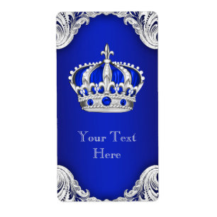 Royal Blue Silver Prince Crown Wine Bottle Label