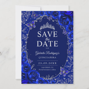 Royal Blue Silver Quinceanera Floral Save The Date