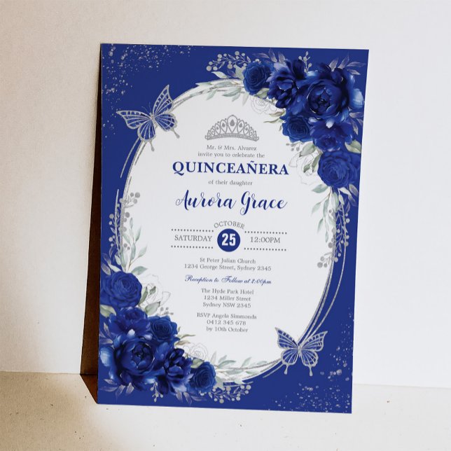 Royal Blue Silver Quinceañera Mis Quince 15 Anos Invitation (Creator Uploaded)