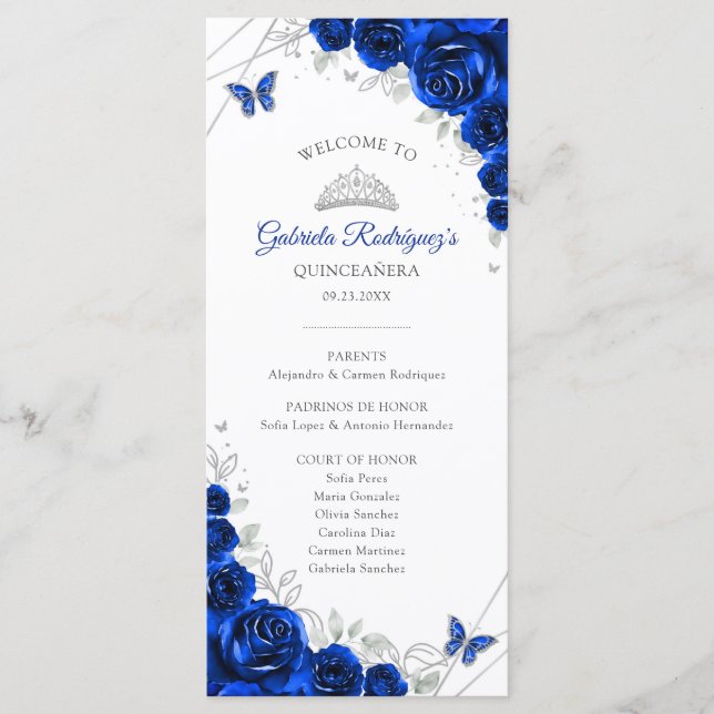 Royal Blue Silver Quinceanera Order of Events Programme (Front)