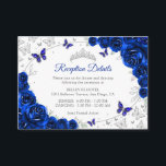 Royal Blue Silver Quinceanera Reception Details Enclosure Card<br><div class="desc">Royal blue silver Quinceanera reception details enclosure cards. Features,  script font,  silver butterflies,  watercolor roses and tiara. Perfect for an elegant princess style glam celebration. Personalize with your own details.</div>