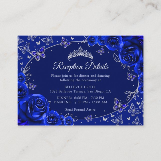 Royal Blue Silver Quinceanera Reception Details Enclosure Card (Front)