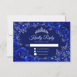 Royal Blue Silver Quinceanera Reply RSVP Card
