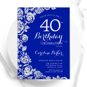 Royal Blue Silver Roses 40th Birthday Party Invitation