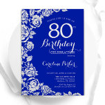 Royal Blue Silver Roses 80th Birthday Party Invitation<br><div class="desc">Royal blue floral 80th birthday party invitation. Elegant design featuring roses,  faux silver foil and typography script font. Trendy invite card perfect for a stylish female bday celebration. Can be customised to any age. Printed Zazzle invitations or instant download digital printable template.</div>