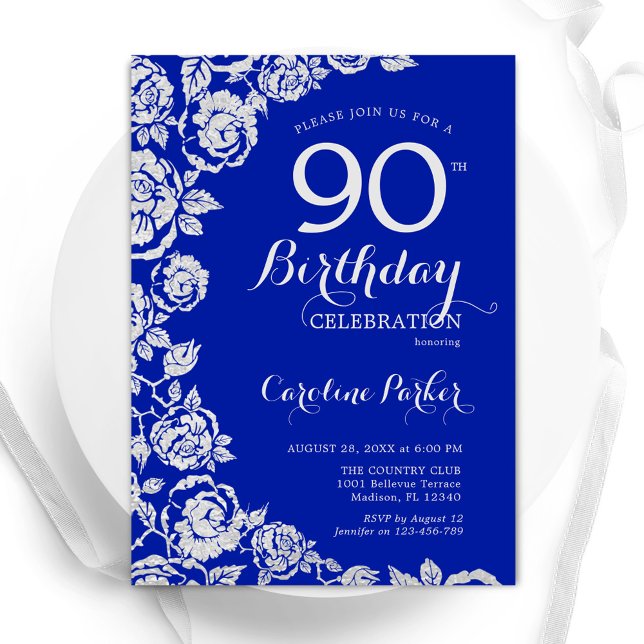 Royal Blue Silver Roses 90th Birthday Party Invitation (Creator Uploaded)