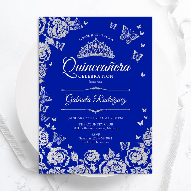 Royal Blue Silver Roses Butterflies Quinceanera Invitation (Creator Uploaded)
