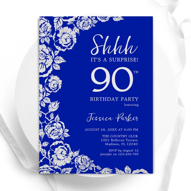 Royal Blue Silver Roses Surprise 90th Birthday Invitation (Creator Uploaded)
