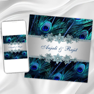 Royal Blue Silver Royal Indian Peacock Wedding Invitation