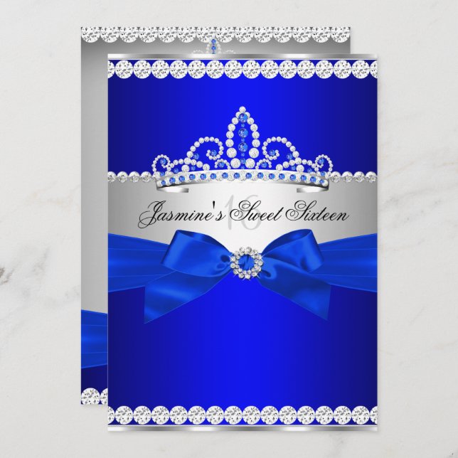 Royal Blue & Silver Sweet 16 Birthday Party Invitation (Front/Back)
