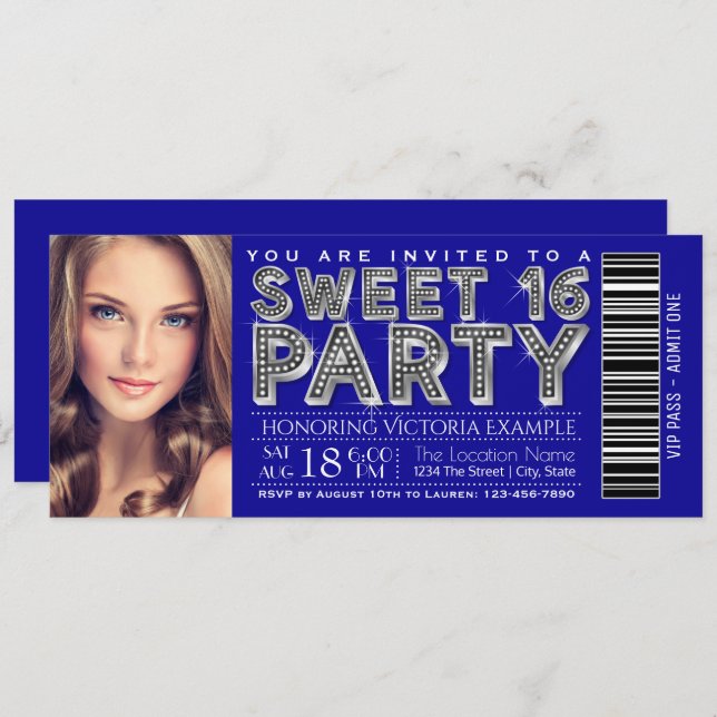 Royal Blue Silver Sweet 16 Ticket Invitation (Front/Back)