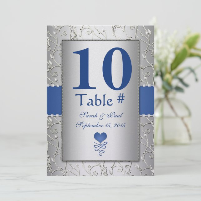 Royal Blue Silver Swirl Wedding Invitation (Standing Front)