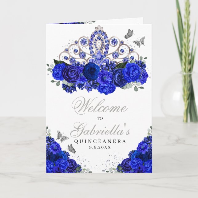 Royal Blue Silver Tiara Quinceanera Program Invitation (Front)