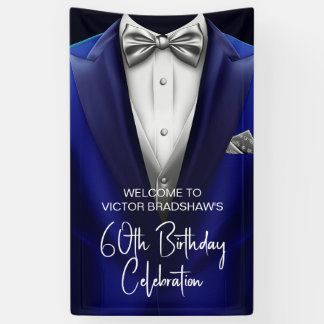 Royal Blue Silver Tuxedo Birthday Party Welcome  Banner