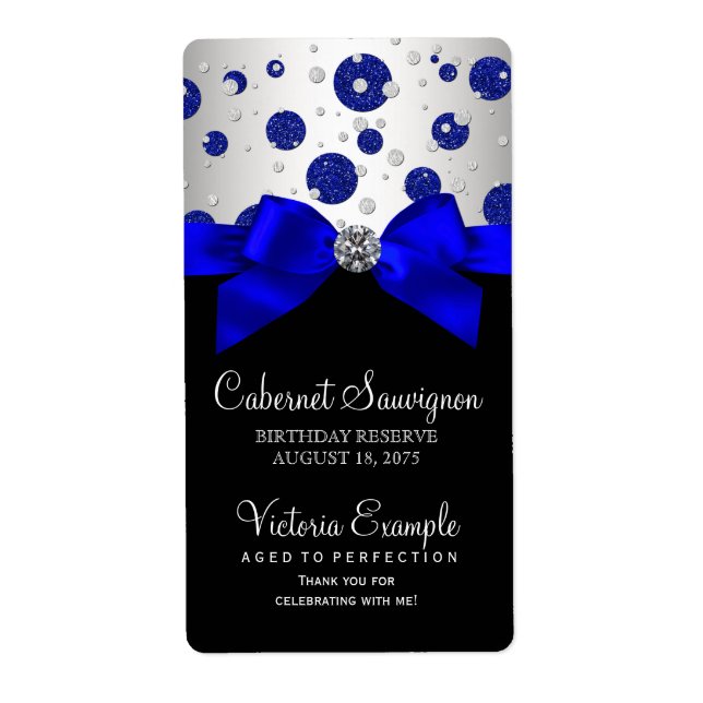 Royal Blue Silver Wine Bottle Labels (Front)