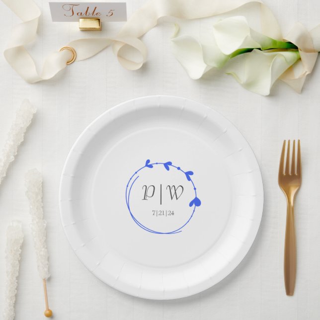 Royal Blue Simple Heart Wreath Monogram Wedding Paper Plate (Wedding)