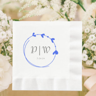 Royal Blue Simple Monogram Heart Wreath Wedding Napkin
