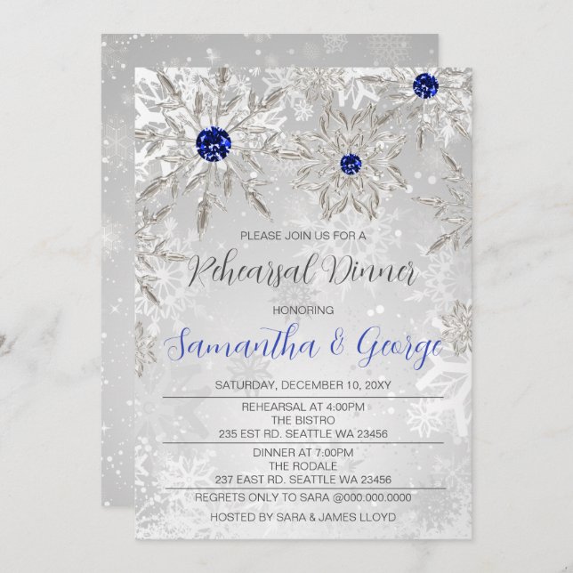 Royal Blue Snowflakes Winter Rehearsal Dinner  Invitation (Front/Back)