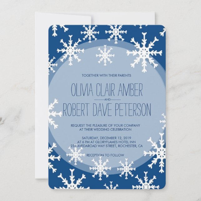 Royal Blue Snowflakes Winter Wedding Invites (Front)
