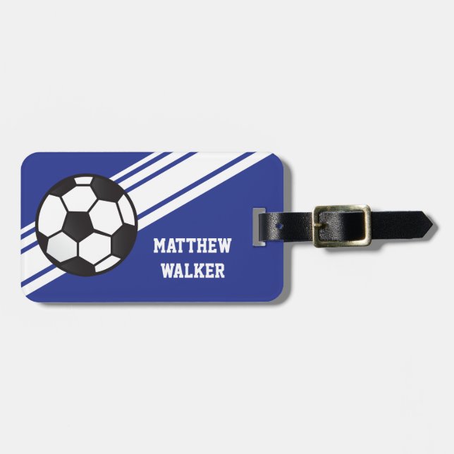 Royal Blue Soccer Stripes Personalised Luggage Tag (Front Horizontal)