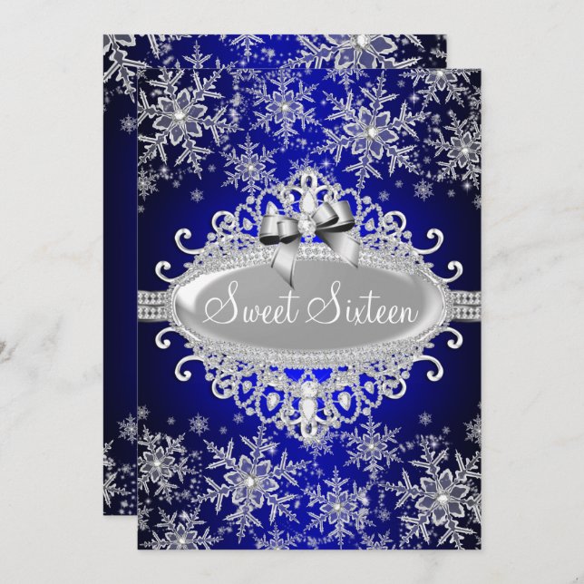 Royal Blue Sparkle Snowflake Sweet 16 Invite (Front/Back)