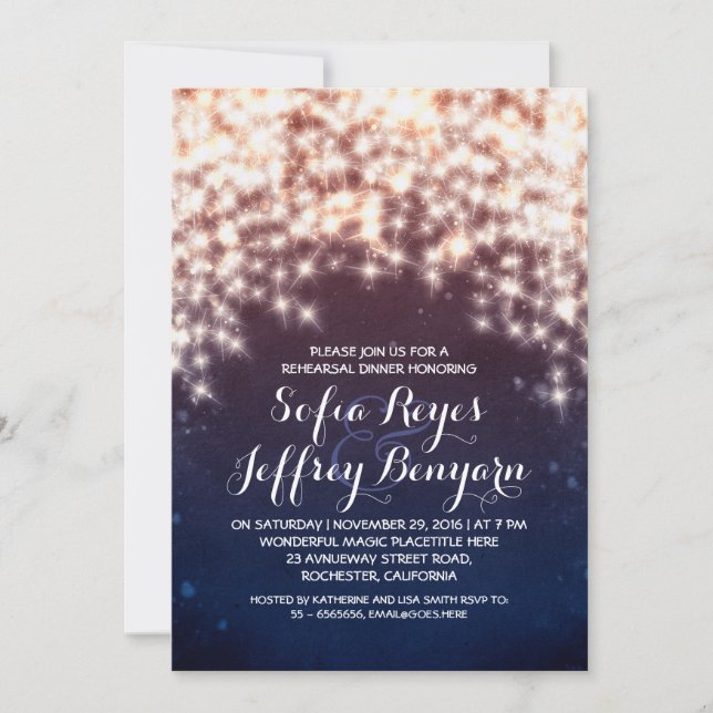 royal blue string lights rehearsal dinner invites (Front)