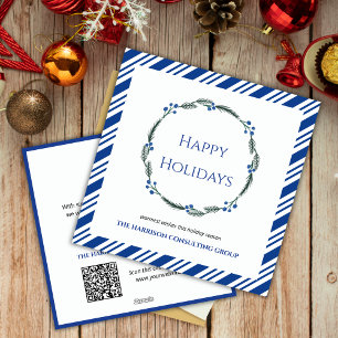 Royal Blue Strip Wreath Corporate Logo QR Code  Holiday Card