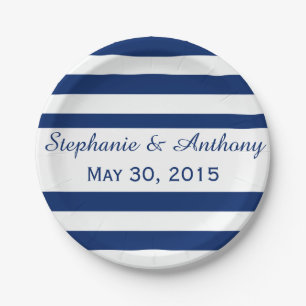 Royal Blue Striped Rehearsal Dinner Paper Plate