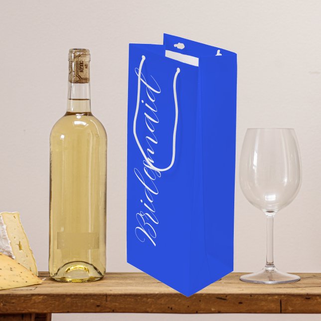 Royal Blue Stylised Script Wedding Bridesmaid Wine Gift Bag (In Situ)
